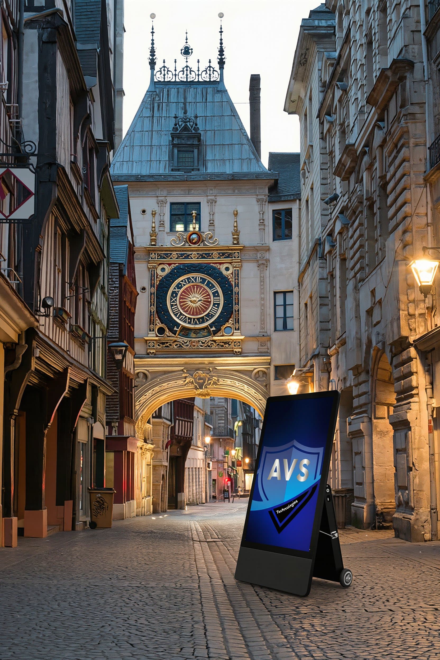 Ardoise connectée AVS installée rue du Gros-Horloge à Rouen, écran extérieur affichant le logo AVS
